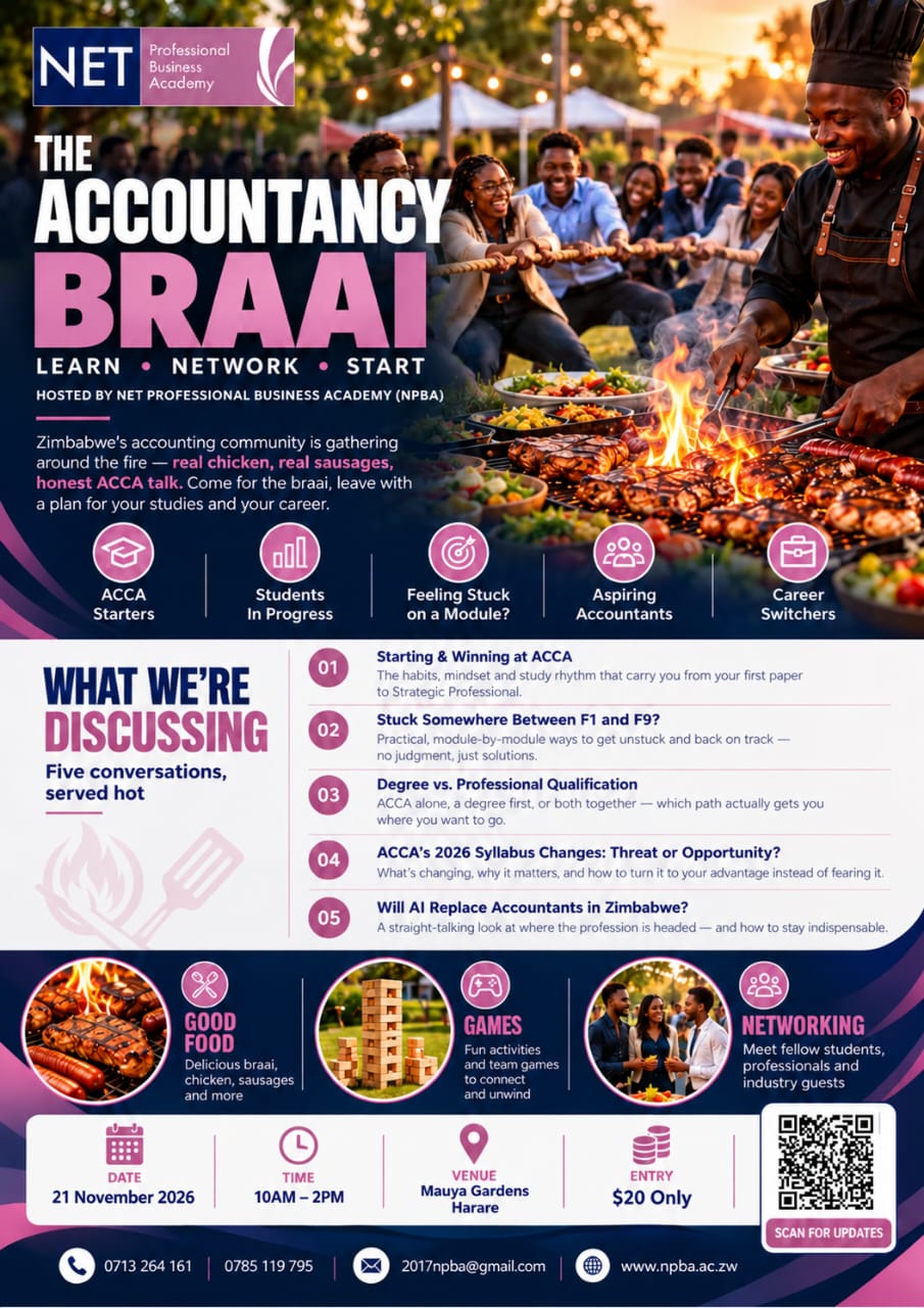 The Accountancy Braai flyer: hosted by NPBA on 21 November 2026, 10AM–2PM at Mauya Gardens Harare, entry $20 only — learn, network, start; five discussions on ACCA, careers and AI, with good food, games and networking