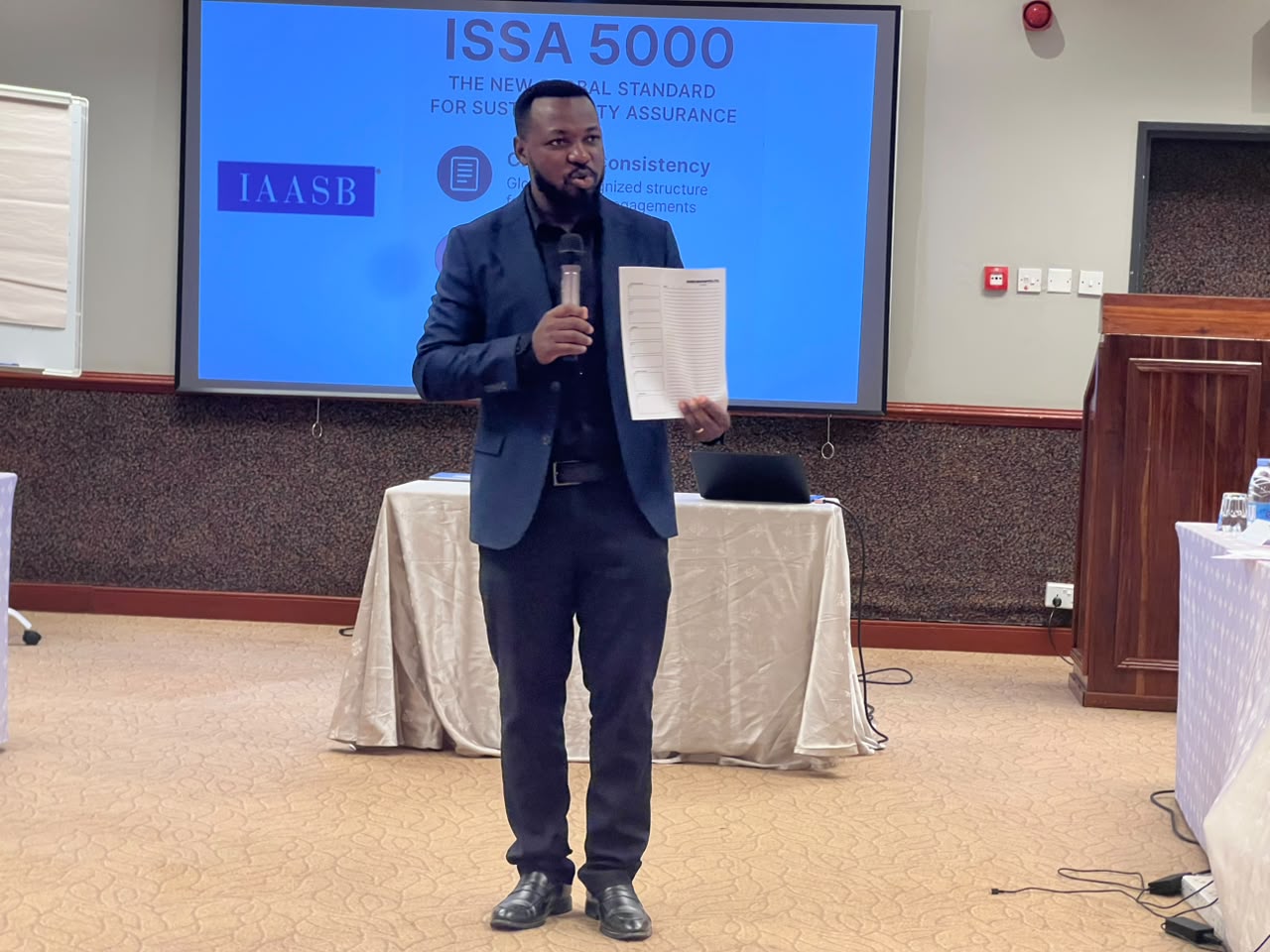 A presenter covering ISSA 5000, the new global standard for sustainability assurance, at an NPBA workshop