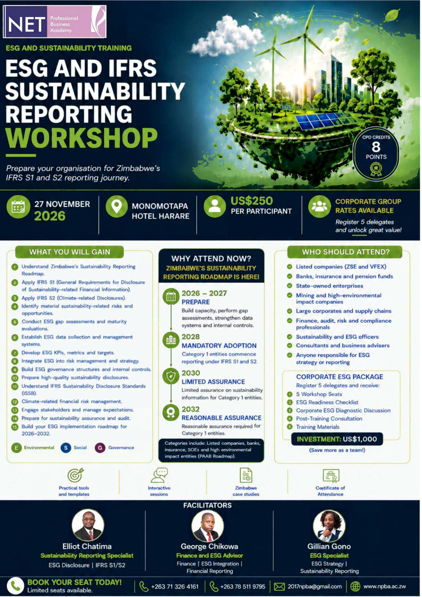 NPBA ESG and IFRS Sustainability Reporting Workshop flyer: 27 November 2026 at Monomotapa Hotel Harare, US$250 per participant with corporate group rates available, 8 CPD points, facilitated by Elliot Chatima, George Chikowa and Gillian Gono
