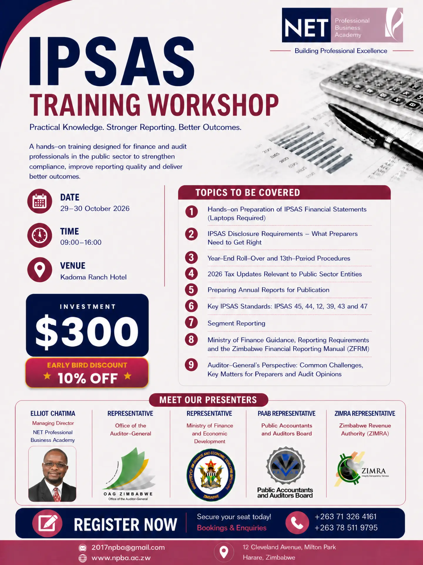 NPBA IPSAS Training Workshop flyer: 29–30 October 2026, 09:00–16:00 at Kadoma Ranch Hotel, investment $300 with 10% early bird discount
